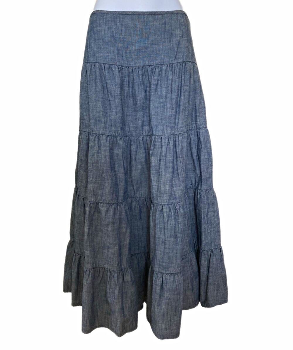 Lauren Jeans Co Ralph Lauren Boho Blue Chambray Tiered Ruffle Maxi Skirt 10